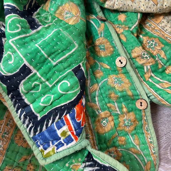 Rapsodia Green Floral Kantha Quilt Jacket Boho Patchwork Handmade Style S/M - Picture 8 of 9